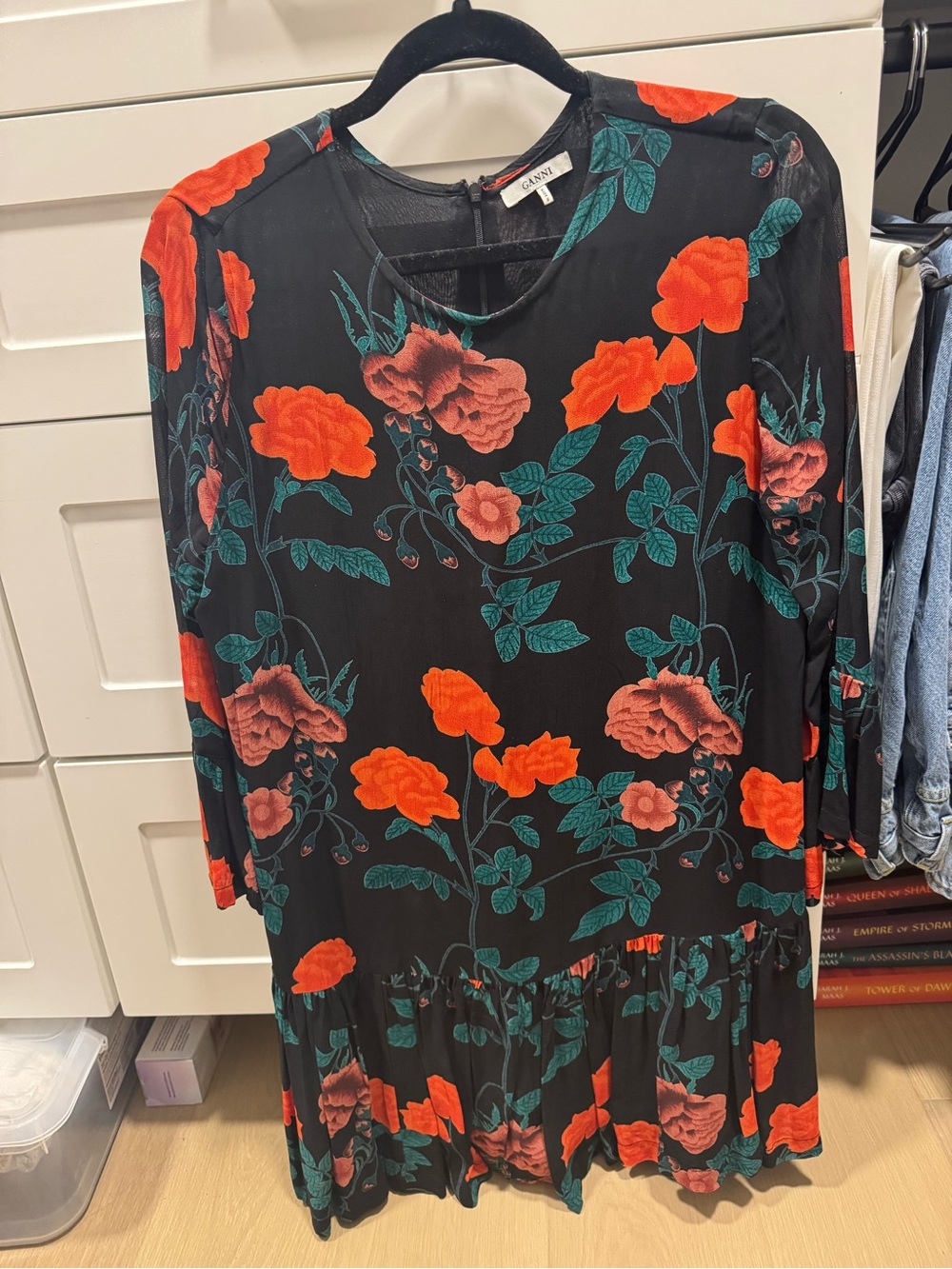 Ganni Black Long-Sleeve Tiered Dress with Red & Teal Floral Print